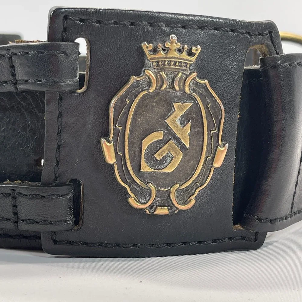 GF FERRE Black Leather Sectioned Belt with Bronze Plaques
